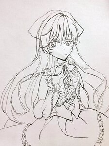 Rating: Safe Score: 0 Tags: 1girl capelet eyebrows_visible_through_hair frills greyscale image long_hair looking_at_viewer monochrome smile solo suiseiseki traditional_media User: admin