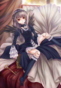 Rating: Safe Score: 0 Tags: 1girl bed black_wings dress frills hairband image joints long_hair long_sleeves looking_at_viewer red_eyes ribbon silver_hair solo suigintou wings User: admin
