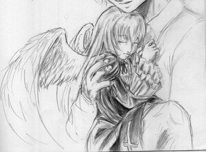 Rating: Safe Score: 0 Tags: 1boy 1girl angel_wings closed_eyes dress feathered_wings frills greyscale image long_hair long_sleeves monochrome smile solo solo_focus suigintou traditional_media wings User: admin