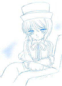Rating: Safe Score: 0 Tags: 1girl blue_theme blush eyebrows_visible_through_hair hat image long_sleeves looking_at_viewer monochrome ribbon short_hair sitting solo souseiseki User: admin