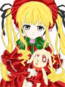 Rating: Safe Score: 0 Tags: 1girl blonde_hair blue_eyes blush bonnet bow dress green_bow image long_hair long_sleeves looking_at_viewer red_dress rose shinku solo twintails very_long_hair User: admin