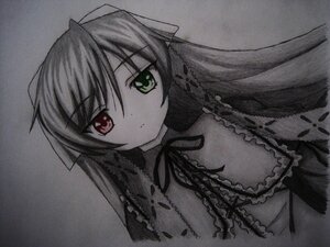 Rating: Safe Score: 0 Tags: 1girl closed_mouth dress expressionless eyebrows_visible_through_hair frills green_eyes greyscale heterochromia image long_hair looking_at_viewer monochrome red_eyes ribbon simple_background solo suiseiseki traditional_media upper_body User: admin