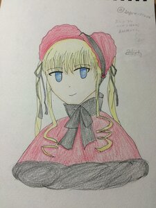 Rating: Safe Score: 0 Tags: 1girl blonde_hair blue_eyes bonnet bow bowtie closed_mouth image long_hair long_sleeves looking_at_viewer photo shinku sidelocks simple_background smile solo traditional_media upper_body User: admin