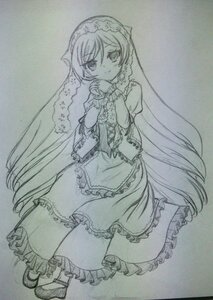 Rating: Safe Score: 0 Tags: 1girl apron braid dress frills full_body graphite_(medium) greyscale image long_hair looking_at_viewer monochrome smile solo suiseiseki traditional_media very_long_hair User: admin