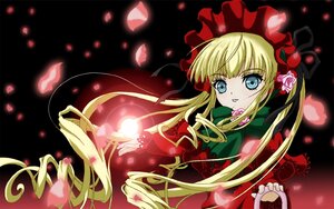 Rating: Safe Score: 0 Tags: 1girl blonde_hair blue_eyes bonnet bow bowtie dress flower green_bow image long_hair long_sleeves looking_at_viewer petals red_dress rose shinku sidelocks solo twintails very_long_hair User: admin