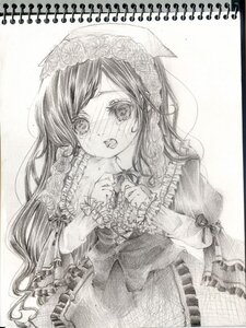 Rating: Safe Score: 0 Tags: 1girl blush crying crying_with_eyes_open dress flower frills graphite_(medium) greyscale image long_hair long_sleeves monochrome open_mouth solo striped suiseiseki tears traditional_media veil vertical_stripes User: admin