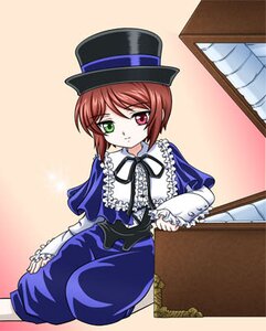 Rating: Safe Score: 0 Tags: 1girl brown_hair dress frills green_eyes hat heterochromia image long_sleeves looking_at_viewer red_eyes ribbon short_hair sitting solo souseiseki top_hat User: admin