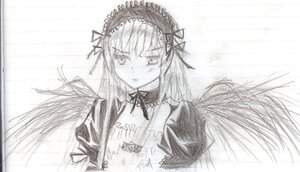 Rating: Safe Score: 0 Tags: 1girl dress frills greyscale hairband image long_hair long_sleeves looking_at_viewer monochrome simple_background solo suigintou traditional_media upper_body white_background wings User: admin