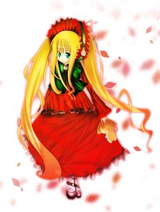 Rating: Safe Score: 0 Tags: 1girl blonde_hair blurry blurry_background blurry_foreground bonnet bow depth_of_field dress flower full_body green_bow green_neckwear image long_hair long_sleeves looking_at_viewer motion_blur petals red_dress rose shinku shoes solo standing striped twintails very_long_hair User: admin