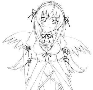 Rating: Safe Score: 0 Tags: 1girl blush breasts detached_collar dress feathered_wings flower frills greyscale hairband image long_hair long_sleeves looking_at_viewer monochrome ribbon simple_background smile solo striped suigintou very_long_hair white_background wings User: admin