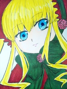 Rating: Safe Score: 0 Tags: 1girl bangs blonde_hair blue_eyes closed_mouth face flower image long_hair looking_at_viewer rose shinku sidelocks simple_background solo traditional_media upper_body User: admin