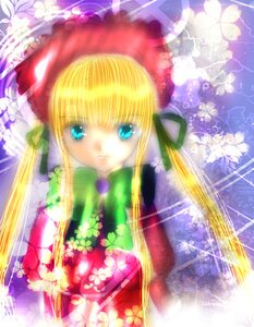 Rating: Safe Score: 0 Tags: 1girl blonde_hair blue_eyes bow bowtie dress flower green_bow green_neckwear image long_hair long_sleeves looking_at_viewer red_dress shinku solo User: admin