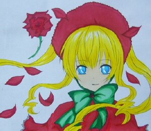 Rating: Safe Score: 0 Tags: 1girl blonde_hair blue_eyes bow bowtie capelet dress flower green_bow green_neckwear hat image long_hair long_sleeves looking_at_viewer marker_(medium) petals red_capelet red_flower red_rose rose rose_petals shinku smile solo traditional_media twintails User: admin