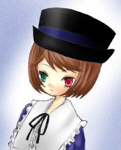 Rating: Safe Score: 0 Tags: 1girl bangs blue_dress brown_hair closed_mouth collar green_eyes hat image long_sleeves looking_at_viewer red_eyes ribbon short_hair simple_background solo souseiseki upper_body User: admin