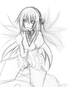 Rating: Safe Score: 0 Tags: 1girl dress evil_smile frills greyscale image long_hair long_sleeves looking_at_viewer monochrome simple_background smile solo suigintou very_long_hair wings User: admin