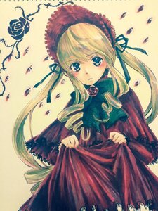 Rating: Safe Score: 0 Tags: 1girl blonde_hair blue_eyes blush bonnet bowtie dress drill_hair flower image long_hair long_sleeves looking_at_viewer marker_(medium) pink_rose red_dress rose shinku simple_background solo standing tears traditional_media twin_drills yellow_background User: admin