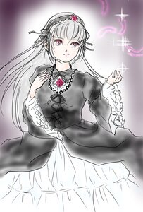 Rating: Safe Score: 0 Tags: 1girl black_ribbon dress flower hairband image long_hair long_sleeves looking_at_viewer pink_eyes ribbon rose silver_hair smile solo suigintou very_long_hair User: admin