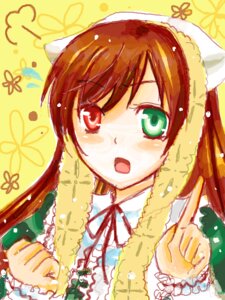 Rating: Safe Score: 0 Tags: 1girl blush brown_hair dress frills green_dress green_eyes head_scarf heterochromia holding image long_hair long_sleeves looking_at_viewer open_mouth red_eyes ribbon solo suiseiseki upper_body yellow_background User: admin