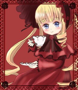 Rating: Safe Score: 0 Tags: 1girl blonde_hair blue_eyes blush bonnet bow cup dress drill_hair flower image long_hair long_sleeves looking_at_viewer red_dress rose shinku smile solo teacup very_long_hair User: admin