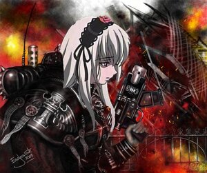Rating: Safe Score: 0 Tags: 1girl fire flower gun hairband image long_hair long_sleeves rifle rose silver_hair solo suigintou weapon User: admin