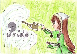 Rating: Safe Score: 0 Tags: 1girl apron braid brown_hair dress eighth_note green_dress green_eyes head_scarf image instrument long_hair long_sleeves musical_note smile solo suiseiseki traditional_media very_long_hair watering_can User: admin