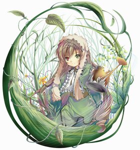 Rating: Safe Score: 0 Tags: 1girl bangs black_ribbon brown_hair character_name closed_mouth corset dress english_text eyebrows_visible_through_hair flower foreshortening frilled_sleeves frills green_dress green_eyes headset heterochromia holding image leaf long_hair long_sleeves looking_at_viewer outstretched_arm plant red_eyes ribbon rozen_maiden simple_background smile solo suiseiseki upper_body very_long_hair vines watering_can white_background wide_sleeves yamamoto_nori User: admin