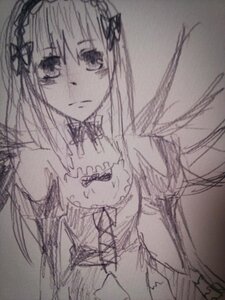 Rating: Safe Score: 0 Tags: 1girl bare_shoulders choker dress flower hair_ornament image long_hair looking_at_viewer monochrome ribbon simple_background solo suigintou traditional_media upper_body User: admin
