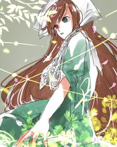 Rating: Safe Score: 0 Tags: 1girl bangs brown_hair dress flower green_dress green_eyes heterochromia holding_umbrella image long_hair looking_at_viewer petals solo suiseiseki twintails umbrella very_long_hair User: admin