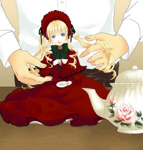 Rating: Safe Score: 0 Tags: 1girl blonde_hair blue_eyes bonnet bow bowtie cup dress flower image long_hair long_sleeves pink_rose red_dress red_rose rose shinku solo solo_focus User: admin