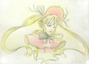 Rating: Safe Score: 0 Tags: 1girl blonde_hair bonnet bow bowtie capelet expressionless floating_hair hat image long_hair long_sleeves looking_afar shinku simple_background solo traditional_media twintails upper_body very_long_hair white_background User: admin
