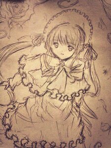 Rating: Safe Score: 0 Tags: 1girl brown_theme dress frills hat image long_hair long_sleeves looking_at_viewer monochrome shinku smile solo traditional_media twintails User: admin
