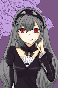 Rating: Safe Score: 0 Tags: 1girl bow detached_collar dress flower frills gothic_lolita hairband image juliet_sleeves lolita_fashion long_hair long_sleeves looking_at_viewer puffy_sleeves purple_background red_eyes rose silver_hair simple_background smile solo suigintou upper_body User: admin