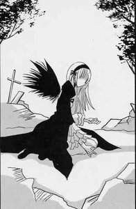 Rating: Safe Score: 0 Tags: 1girl black_wings dress feathered_wings frills greyscale hairband image long_hair long_sleeves monochrome outdoors sitting solo suigintou tree very_long_hair wings User: admin