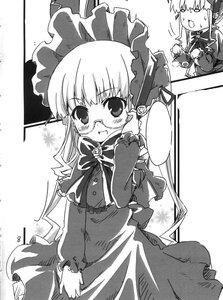 Rating: Safe Score: 0 Tags: 1girl blush bonnet bow bowtie dress eighth_note frills glasses greyscale image long_hair long_sleeves monochrome open_mouth shinku solo suigintou User: admin