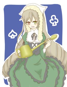 Rating: Safe Score: 0 Tags: 1girl brown_hair dress frills green_dress green_eyes heterochromia image long_hair long_sleeves open_mouth red_eyes ribbon simple_background solo suiseiseki watering_can User: admin