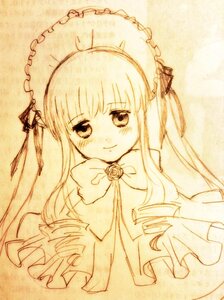 Rating: Safe Score: 0 Tags: 1girl blush bonnet bow bowtie dress frilled_pillow frills image long_hair long_sleeves looking_at_viewer monochrome shinku smile solo traditional_media umbrella User: admin