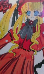 Rating: Safe Score: 0 Tags: 1girl blonde_hair blue_eyes blurry bow bowtie depth_of_field dress drill_hair image long_hair long_sleeves looking_at_viewer photo red_dress shinku simple_background smile solo standing twintails very_long_hair User: admin