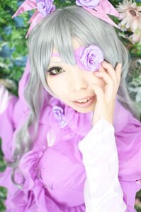 Rating: Safe Score: 0 Tags: 1girl barasuishou blurry blurry_background blurry_foreground depth_of_field eyepatch flower hair_ornament long_hair looking_at_viewer photo pink_flower pink_rose purple_flower purple_rose rose silver_hair smile solo User: admin