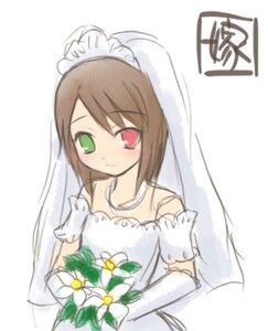 Rating: Safe Score: 0 Tags: 1girl auto_tagged bare_shoulders blush bouquet brown_hair dress elbow_gloves flower gloves green_eyes heterochromia image jewelry red_eyes simple_background smile solo souseiseki suiseiseki veil wedding_dress white_background white_gloves User: admin
