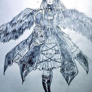 Rating: Safe Score: 0 Tags: 1girl blue_theme dress frills image long_hair long_sleeves monochrome solo standing suigintou thighhighs traditional_media wings User: admin