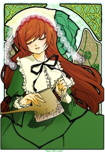 Rating: Safe Score: 0 Tags: 1girl brown_hair closed_eyes dress flower green_dress image long_hair long_sleeves ribbon solo suiseiseki very_long_hair User: admin