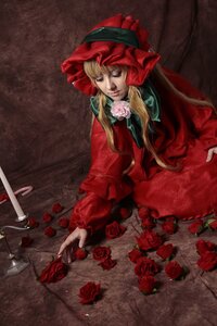 Rating: Safe Score: 0 Tags: 1girl blonde_hair blue_eyes bonnet capelet dress flower long_hair long_sleeves pink_flower pink_rose red_capelet red_dress red_flower red_rose rose rose_petals shinku solo thorns User: admin