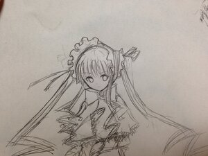 Rating: Safe Score: 0 Tags: 1girl dress image long_hair long_sleeves looking_at_viewer monochrome photo shinku simple_background solo traditional_media twintails upper_body User: admin