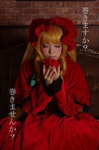 Rating: Safe Score: 0 Tags: 1girl blonde_hair bonnet character_name closed_eyes copyright_name dress english_text flower holding long_hair long_sleeves red_dress red_flower red_rose rose shinku sitting solo User: admin
