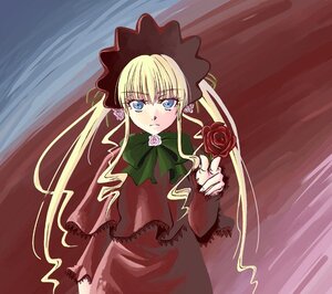 Rating: Safe Score: 0 Tags: 1girl blonde_hair blue_eyes bonnet bow bowtie cowboy_shot curtains dress flower green_bow green_neckwear image long_hair long_sleeves looking_at_viewer pink_rose red_dress rose shinku sidelocks solo twintails User: admin