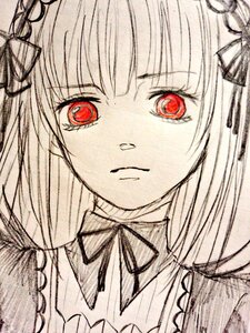 Rating: Safe Score: 0 Tags: 1girl bangs black_ribbon closed_mouth eyebrows_visible_through_hair flower hair_ribbon image long_hair looking_at_viewer monochrome neck_ribbon red_eyes ribbon simple_background solo suigintou traditional_media User: admin