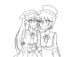 Rating: Safe Score: 0 Tags: 2girls blush dress eyebrows_visible_through_hair greyscale hat image long_hair long_sleeves looking_at_viewer monochrome multiple_girls neck_ribbon pair ribbon short_hair siblings sisters smile souseiseki suiseiseki User: admin