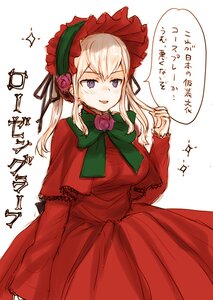 Rating: Safe Score: 0 Tags: 1girl blonde_hair blue_eyes bonnet capelet dress flower green_neckwear image long_hair long_sleeves looking_at_viewer red_capelet red_dress red_flower red_rose rose shinku simple_background smile solo sparkle twintails white_background User: admin