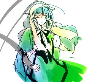 Rating: Safe Score: 0 Tags: 1girl black_neckwear dress green_skirt image long_hair looking_at_viewer neck_ribbon one_eye_closed puffy_short_sleeves puffy_sleeves ribbon short_sleeves simple_background solo suiseiseki white_background User: admin