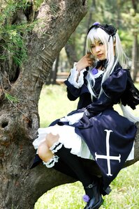 Rating: Safe Score: 0 Tags: 1girl boots dress flower frills gothic_lolita grass lips long_hair long_sleeves photo realistic silver_hair sitting solo suigintou tree User: admin